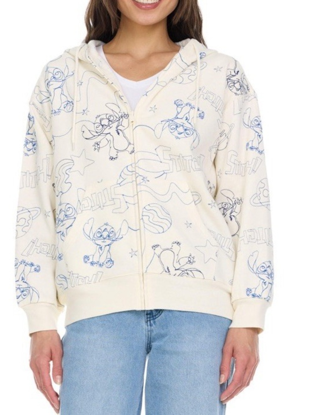 Disney Stitch Hoodie Womens Small Ivory Full Zip Drawstring Pockets Print